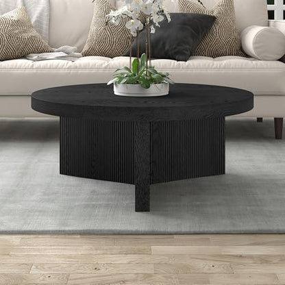 Henn&Hart 36" Scandinavian Fluted Coffee Table, Natural Black | Ribbed pedestal base and low profile bring Scandinavian style to small spaces including living rooms or family rooms - color: Natural Black, size: 36 inches