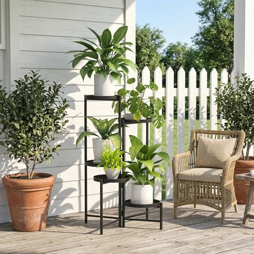 5 Tier Tall Metal Plant Stand, Duty Tiered Flower Shelf for Patio Garden | Rotatable 5-tier design, Foldable storage, leakproof trays, Waterproof rustproof, 10-minute easy assembly - size: 5 Tier