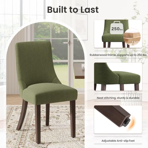 MALOL Wooden Dining Chairs Set of 6, Upholstered Kitchen & Dining Room Chairs with Solid Wood Legs Curved Backrest Farmhouse Accent Chair for Dining/Kitchen/Living Room, Green - color: Green, size: Set of 6