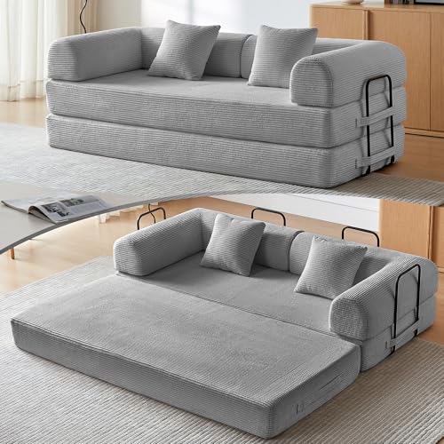 79" Convertible Sofa Bed, Boneless Couch for Living Room (Light Grey) | Corduroy Boneless Loveseat Sleeper Sofa, Modular Futon Couch with 2 pillow, Pull Out Couch No Assembly - color: Light Gray, size: 79"Convertible Sofa Bed