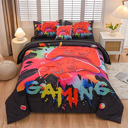 Aimuan Gamer Gaming Bedding Sets 3D Gamepad Comforter Sets for Boys Games Console Action Buttons Novelty Colorful Game Controller Modern Room Decor Home Quilt Set (Black, Full 6PCS) - color: Black, size: Full(6Pcs)