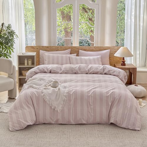 Pink Striped Duvet Cover Set 100% Washed Cotton Linen Like Super Soft Chic Bedding Set 3 Pcs Greyish Pink-White Full - color: Greyish Pink-white, size: Full
