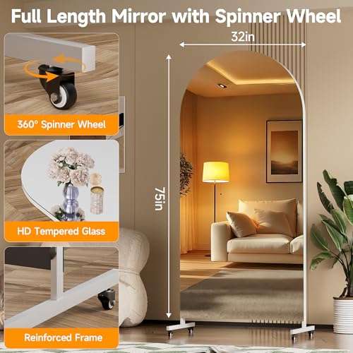 Hasipu 75" x 32" Arched Full Length Mirror on Wheels | HD tempered glass, sturdy aluminum frame, 4 smooth casters with locks, ideal for yoga, dance studio, bedroom & home gym. - size: 75"L x 32"W