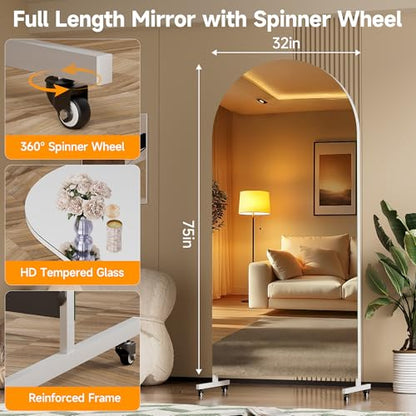 Hasipu 75" x 32" Arched Full Length Mirror on Wheels | HD tempered glass, sturdy aluminum frame, 4 smooth casters with locks, ideal for yoga, dance studio, bedroom & home gym. - size: 75"L x 32"W