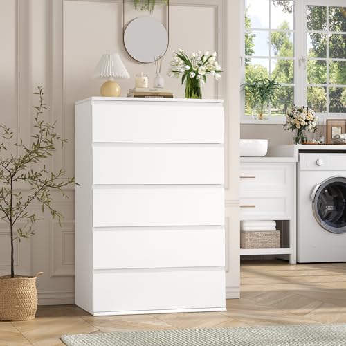 FOTOSOK White Dresser, Dresser for Bedroom, 5 Drawer Chest of Drawers | 17.6D x 23.6W x 39.1H in Chest of Drawers, Dresser for Bedroom, Bedroom Dresser for Closet, Small Space/Apartment/Dormitory - color: White