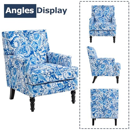 Accent Chair, Modern Comfy Mid-Century Anthropologie Accent Chairs | Linen Upholstered Wingback Lounge Arm Chair with Solid Wood,Single Floral Pattern Chair for Living Room/Balcony/Bedroom - color: Porcelain-sackcloth-001
