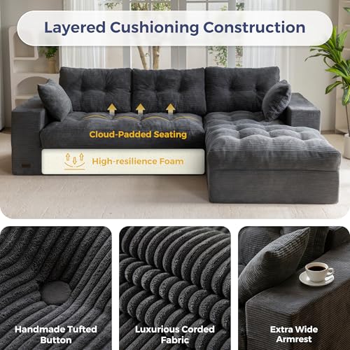 MAXYOYO Boneless Couch, 104-Inch L-Shaped Cloud Couch with Ottoman | Dark Grey Upholstered Sofa Features Layered Cushions and Flexible Modules with No Assembly, Ideal for Modern Living Rooms. - color: Dark Grey, size: 104" L Shape