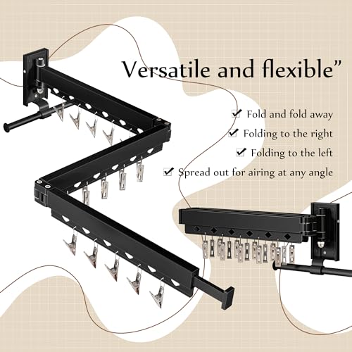Wall Mounted Collapsible Clothes Drying Rack, Durable Space-Saving Laundry Drying Rack Clothing Hanger, Upgraded with Clips and Windproof Holes - style: Upgrde-Black Rings with Clips