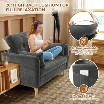 Urhanherry 47" Small Sofa Couch for Bedroom, Soft Chenille loveseat Mini Couch with Throw Pillow and Removable Cushion Cover for Small Spaces, Living Room, Apartment, Dorm, Office(Dark Grey) - color: Dark Grey