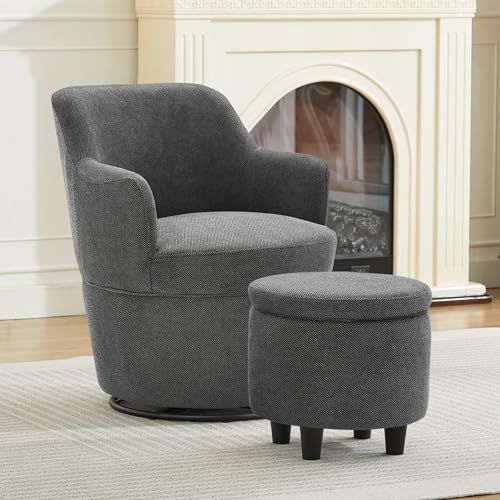 LOULENS Swivel Accent Chair with Storage Ottoman, Dark Gray | Linen, Small, Barrel, Reading Chair, Vanity Chair, Comfy Single Sofa, Armchair, For Living Room, Bedroom - color: Dark Gray
