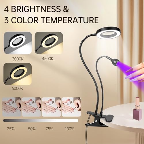 AORAEM LED UV Nail Lamp with Double-Head and 6X Magnifier, Black | Gooseneck Lamp for Gel Nails, Flash Cure Lamp for Home DIY Salon - color: Magnifier-Black