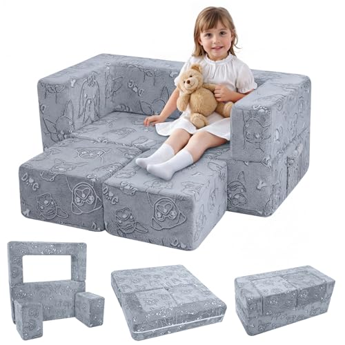 MeMoreCool Glow in Dark Dog Kids Couch, Fold Out Loveseat Sofa 39x20x16in | Grey dog glow in dark kids loveseat with armrests and pocket - color: Dog