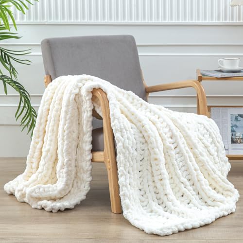 WESHIONGOO Chunky Knit Blanket Throw for Couch Bed 40"×60" Cream White | 100% Handmade Knitted Throw blanket Fluffy Soft Blanket With Jumbo Chenille Yarn Thick - color: Cream White, size: 40"x60"(Medium Size Throw)