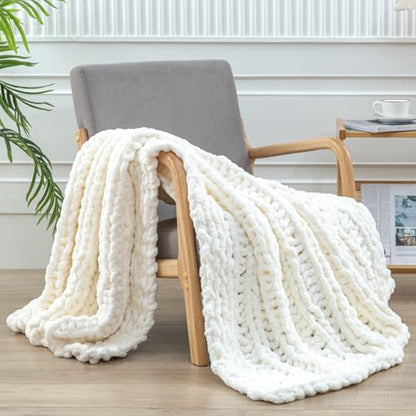 WESHIONGOO Chunky Knit Blanket Throw for Couch Bed 40"×60" Cream White | 100% Handmade Knitted Throw blanket Fluffy Soft Blanket With Jumbo Chenille Yarn Thick - color: Cream White, size: 40"x60"(Medium Size Throw)