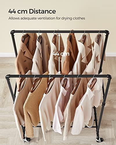 SONGMICS Heavy-Duty Clothes Rack, Double-Rod Clothing Rack for Hanging Clothes, Industrial Garment Rack on Wheels, Metal Frame, 2 Casters with Brakes, Commercial Display, Black UHSR60B | Industrial Garment Rack for Hanging Clothes, 2 Casters with Brakes,