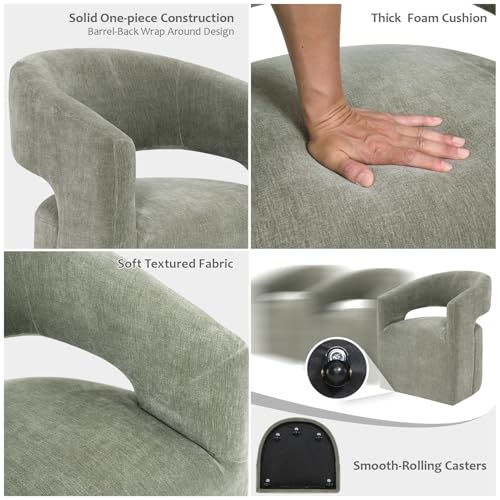 Barrel Accent Chair with Casters, Contemporary Upholstered Arm Chair with Wraparound Back, Plush Rounded Seat, Pedestal Base for Living Room Bedroom Office, Green - color: Green