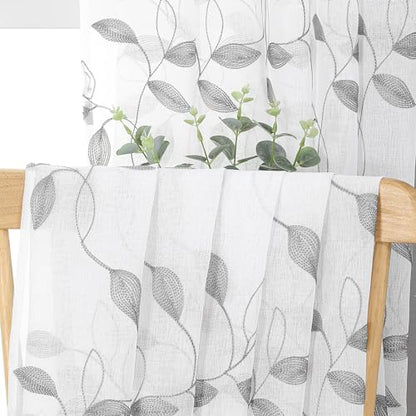 Tollpiz Grey Leaf Sheer Tier Curtain Kitchen 30 x 36 Inches | Leaves Embroidered Curtains Rod Pocket Voile Bathroom Window Treatment for Cafe, Set of 2 Panels - color: Grey, size: 30"W x 36"L (Pack of 2)
