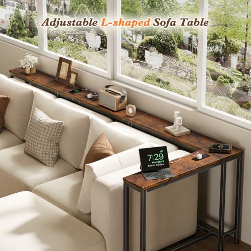 110.2" Narrow Adjustable Console Table with 2 Outlets, 39.3"-51.2" Adjustable Length U Shaped Table Behind Couch, 4 Assembly Options, Extra-Long L Shaped Entryway Tables for Living Room, - color: Rustic Brown