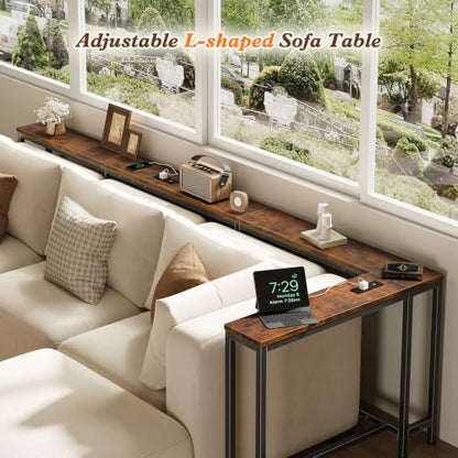 110.2" Narrow Adjustable Console Table with 2 Outlets, 39.3"-51.2" Adjustable Length U Shaped Table Behind Couch, 4 Assembly Options, Extra-Long L Shaped Entryway Tables for Living Room, - color: Rustic Brown