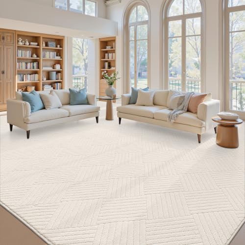 9x12 Living Room Area Rug, Beige Soft Geometric Fluffy Bedroom Mat | Washable Modern Indoor Floor Mat, Non Slip Shaggy Boho Accent Throw Carpet for Office, Dorm, Nursery and Dining Room - size: 9' x 12' (Rectangular)