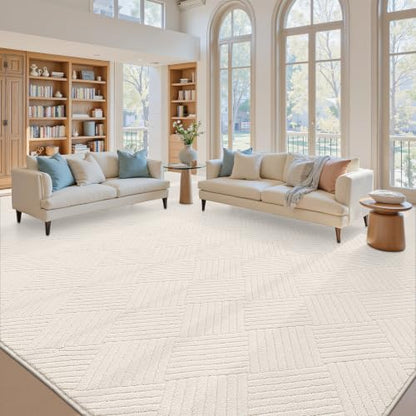 9x12 Living Room Area Rug, Beige Soft Geometric Fluffy Bedroom Mat | Washable Modern Indoor Floor Mat, Non Slip Shaggy Boho Accent Throw Carpet for Office, Dorm, Nursery and Dining Room - size: 9' x 12' (Rectangular)