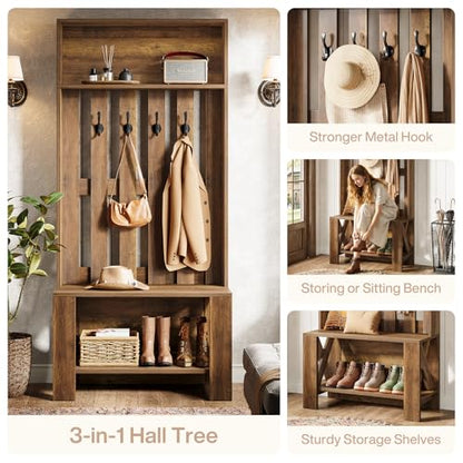 Tribesigns Hall Tree with Bench and Shoe Storage, Farmhouse Entryway Bench with Coat Racks, 70.8" Tall Wooden Freestanding Coat Rack with shoe storage and 4 Hooks for Mudroom, Hallway, Bedroom, Brown