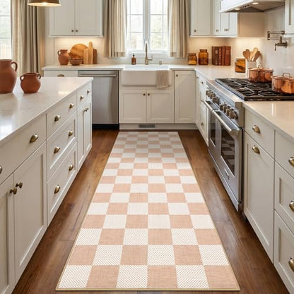 GarveeHome Checkered Blush Beige 2x6 Washable Low-Pile Kitchen Runner Rug | Non-Slip Blush Beige Stain Resistant Rug for Kitchen Hallway Entryway Bedroom Bathroom Geometric Modern Rug TPE Backing - color: Blush Beige, size: 2' x 6' (Rectangular)