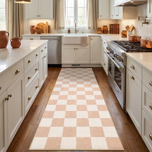 GarveeHome Checkered Blush Beige 2x6 Washable Low-Pile Kitchen Runner Rug | Non-Slip Blush Beige Stain Resistant Rug for Kitchen Hallway Entryway Bedroom Bathroom Geometric Modern Rug TPE Backing - color: Blush Beige, size: 2' x 6' (Rectangular)