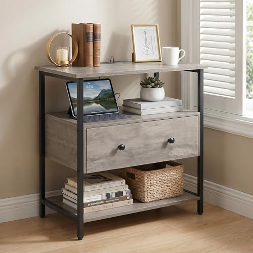 Edbuosy 27" Wide Nightstand with Charging Station & Drawer, Rustic Gray | Small Dresser for Closet, 2 AC Outlets & 2 USB Ports, Open Shelf, Adjustable Feet, Wood Nightstand for Living Room or Bedroom - color: Rustic Gray, size: 1 Drawer
