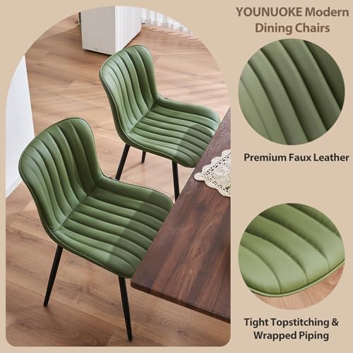 YOUNUOKE Dining Chairs Set of 2 Mid-Century Modern Kitchen Chair Green | Faux leather upholstered with Back, fits dining living waiting room guest reception. Waterproof easy to clean assemble, 300lb - color: Olive Green