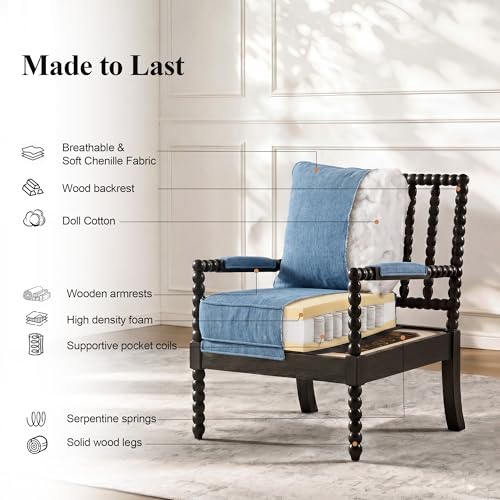 DUHOME Linen Fabric Spindle Accent Chairs Set of 2 with Wood Frame,Modern Accent Spool Chairs with Padded Spring Seat and Brushed Blue Base for Living Room Bedroom Farmhouse Home Office Belcony - color: Black+blue, size: 2 pcs