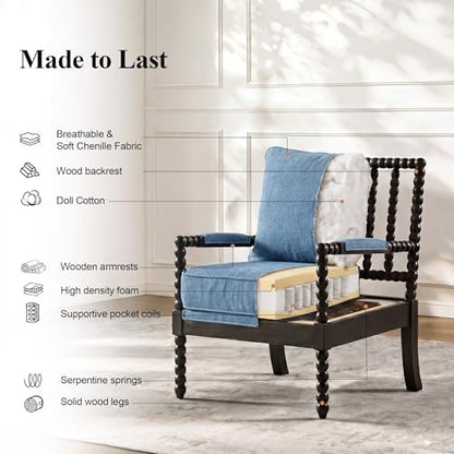 DUHOME Linen Fabric Spindle Accent Chairs Set of 2 with Wood Frame,Modern Accent Spool Chairs with Padded Spring Seat and Brushed Blue Base for Living Room Bedroom Farmhouse Home Office Belcony - color: Black+blue, size: 2 pcs