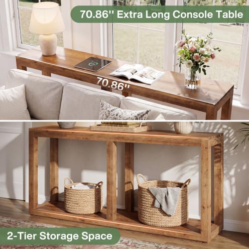 70.9" Solid Wood Console Table, Entryway Table, Sofa Tables | Farmhouse Style, 2-Tier Storage, Narrow Long Design, For Living Room, Hallway, Entrance, Brown