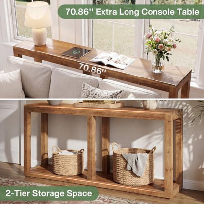 70.9" Solid Wood Console Table, Entryway Table, Sofa Tables | Farmhouse Style, 2-Tier Storage, Narrow Long Design, For Living Room, Hallway, Entrance, Brown