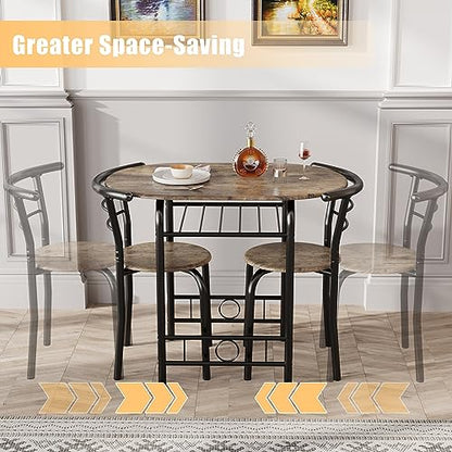 JUMMICO 3-Piece Wooden Round Table & Chair Set, Kitchen Breakfast Nook | Space Saving, Wood Grain Tabletop with Metal Frame and Built-in Wine Rack for Kitchen, Dining Room (Walnut/Black) - color: Walnut/Black