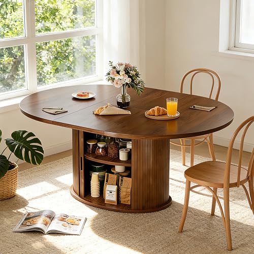 Extendable Round Dining Table for 2-4-6, 63 Inch Dining Room Kitchen Table with 2-Tier Storage Shelf, Modern Farmhouse Fluted Wood Slide Door Dinner Furniture,Oval Circle(Walnut-63 Inch) - color: Walnut-63 Inch