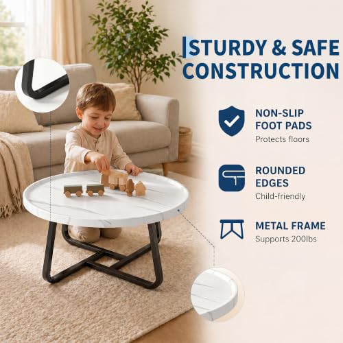 Garvee 19.7 in Round Coffee Table with Wood Surface Top & Sturdy Metal Leg | Small White Center Table, Easy-Clean & Waterproof, Raised Edge Side Table Compact for Apartment, Living Room, Balconies - color: White