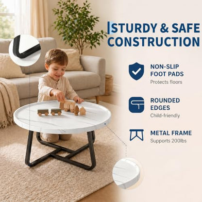 Garvee 19.7 in Round Coffee Table with Wood Surface Top & Sturdy Metal Leg | Small White Center Table, Easy-Clean & Waterproof, Raised Edge Side Table Compact for Apartment, Living Room, Balconies - color: White
