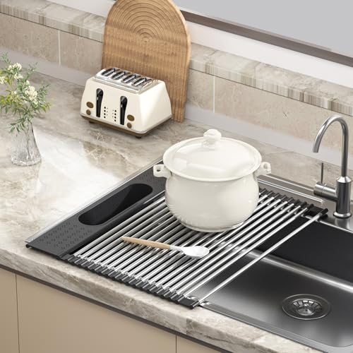 Roll Up Dish Drying Rack Over Sink, 17.5" x 15.2" Foldable SUS304 Stainless Steel Kitchen Dish Drainer, Heat-Resistant Multipurpose Rolling Sink Rack Organizer,Black - size: Black（17.5" X 15.2"）