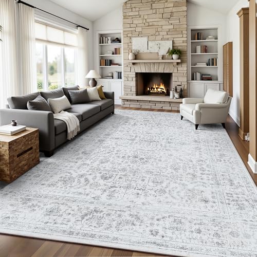 8x10 Area Rugs for Living Room, Washable Vintage Retro Floral Rug, Low Pile Non Slip Distressed Large Carpet for Bedroom, Dining Room, Office, Home (Grey) - color: A-grey, size: 8' x 10' (Rectangular)