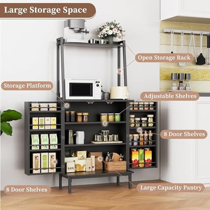 51" Pantry Cabinet, Kitchen Storage Cabinets with Storage Shelves, Modern Kitchen Hutch with Microwave Stand, Adjustable Shelves, Food Pantry Cabinet for Dining Room (Black) - color: A-51‘’ Black