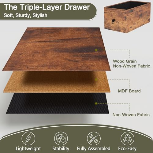 Narrow End Table with Charging Station, Small Nightstand | Skinny Side Tables Living Room with 3 Fabric Drawers, Slim Bedside Table with LED Lights for Bedroom, Small Spaces, Brown - color: Rustic Brown, size: 27.55''H (3 Drawers), style: Power + Light