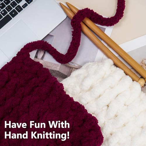Cozyful Chunky Yarn for Hand Knitting - #10 Chunky Chenille Yarn, Jumbo Big Thick Chunky Yarns for Crocheting, Super Bulky Chunky Knit Blanket Yarns, 8 Skein (22yd, 8oz/Skein), Cream & Wine - color: Cream & Burgundy