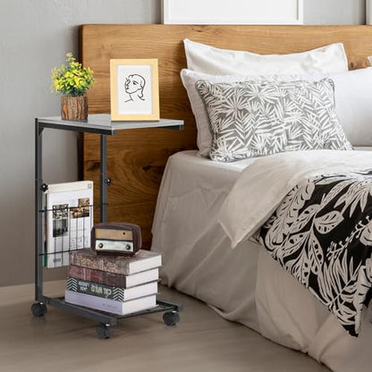 C Shaped End Table Small Couch Side Table with Metal Frame Slide Under Couch Table for Sofa Adjustable Height C Table for Living Room Bedroom Small Spaces, Grey - color: Grey