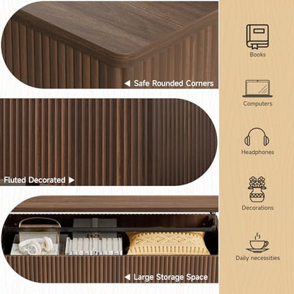 Fluted Lift Top Coffee Table with Storage, Mid Century Modern Coffee Table with Hidden Compartment, Rising Top Wood Center Table for Living Room, Home Office, Rounded Edges (Walnut) - color: Walnut