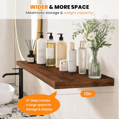 RICHER HOUSE 12 Inch Deep Floating Shelves, 36 Inch Long Wall Shelf, Brown | Rustic Wood Wall Mounted Shelves, Bookshelf Set of 2 with Invisible Bracket for Display Bathroom Bedroom Kitchen Living Room - color: Brown, size: 36in