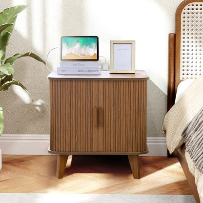 24" Modern End Table with Charging Station, Fluted Side Table,Walnut | Farmhouse Sofa Side Tables Living Room, Mid-Century Wood Nightstand with Sliding Tambour Door & Storage, Wooden End Table - color: Walnut