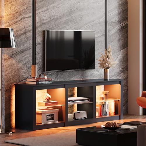 WLIVE TV Stand for 55/65/75 Inch TV, Modern Entertainment Center with LED Lights & Adjustable Glass Shelves, Sturdy Media Console for Living Room, Bedroom,Gaming (Black) - color: Black, size: 65" Modern TV Stand