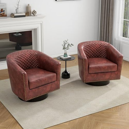 Faux Leather Swivel Accent Chair, Modern Barrel Club Chair, Red Brown | Comfy Living Room Chair, Modern Nailhead Trim Round Armchair Bedroom Reading Seat with Removable Cushion, Wood Frame - color: Red Brown