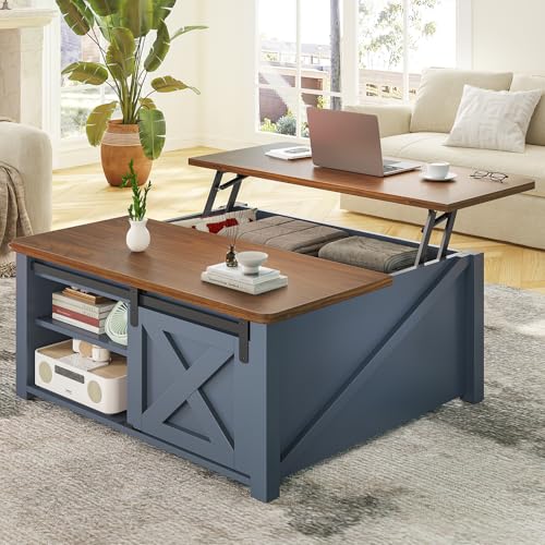 SEDETA 31.5" Lift Top Coffee Table with Storage, Square Coffee Tables for Living Room, Farmhouse Coffee Table with Large Hidden Storage Compartment and Adjustable Shelves, Blue - color: Blue